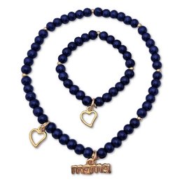 "Dark blue beaded bracelet and necklace set with heart charms and 'Mama' pendant"

The product is a dark blue beaded bracelet and necklace set. The beads are round in shape and the set includes a heart-shaped charm and a pendant with the word "Mama" on it. The materials used appear to be a dark blue stone or bead material. The overall style is simple and elegant, suitable for casual or formal wear.