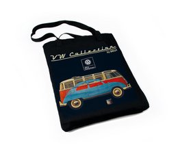  A black shopping bag with a colorful graphic of a Volkswagen T1 Bus and Beetle. The bag features a retro, vintage-inspired design with the text "VW Collector" printed on it.