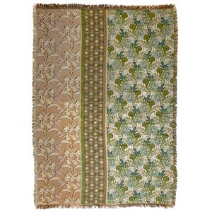NIN-NIT | Nouveau Naturel Decke | kariert | gewebte Decke | Tagesdecke | 100 % gewebte Baumwolle | Blumen, Blätter und Naturdruck | beige | weiß | Sand | grün | blau | mehrfarbig | 220x160cm