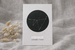 Beige A6 card featuring the Capricorn zodiac constellation in black. The card has a minimalist design with the constellation and the text "Steenbok" (Capricorn in Dutch).