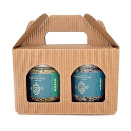 Two glass pots filled with Zeeuwsche Zoute, a traditional Dutch sea salt. The pots are packaged in a cardboard carrier with a handle.