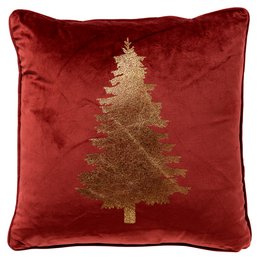  A decorative red velvet cushion with a gold Christmas tree design, measuring 45x45 cm.