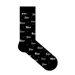 Black socks with repeating "Bier" text and star patterns, suitable for casual or formal wear.