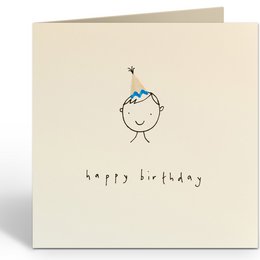 A birthday card with a simple illustration of a smiling figure and the text "happy birthday" written below.