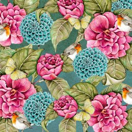Vibrant floral pattern with pink and teal blooms, lush green leaves, and a nature-inspired design.