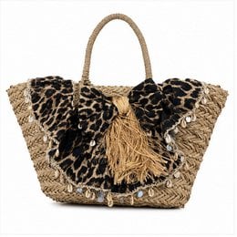 Large woven tote handbag with leopard print, natural straw material, boho style, decorative bow detail