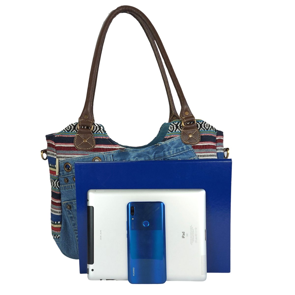 Sunsa Borsa a tracolla da donna, in jeans/tela e cuoio, grande