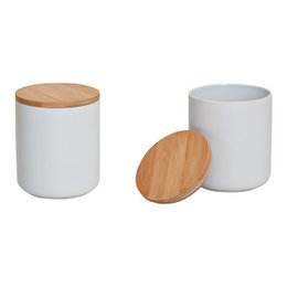 White ceramic jar with bamboo lid, 550ml capacity, dimensions 10cm wide x 12cm high.