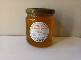 Burgundy acacia honey, golden amber glass jar, 250gr, floral honey product, warm honey color