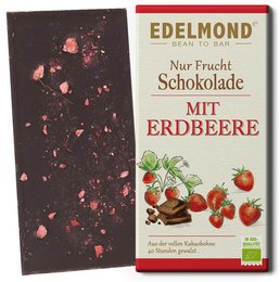 Dark chocolate bar with organic strawberries and dates. Fair trade certified.