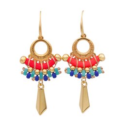 Colorful drop earrings with a circular gold-tone frame, featuring red, blue, and green beads arranged in a fan-like pattern, and a dangling gold-tone charm.