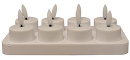  A set of 8 rechargeable LED candles in a warm white color. The candles are arranged on a white tray.