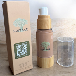  Liquid mineral foundation, natural beige tone, wooden bamboo pump dispenser, eco-friendly packaging, SPF protection