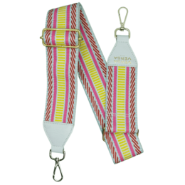 Colorful striped handbag with a pink and white color block design. The handbag has a detachable shoulder strap.
