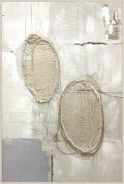  Two oval woven wall baskets, natural beige woven material, rustic boho style, textured fiber art.