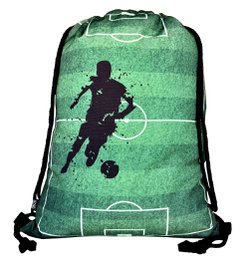  Green soccer-themed backpack with a silhouette of a soccer player on a soccer field background.