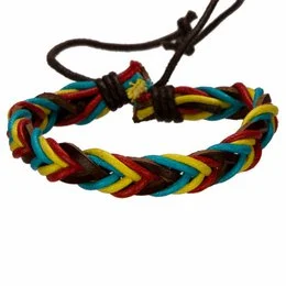 Colorful braided leather bracelet with adjustable cord closure.