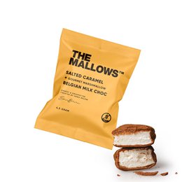 Salted caramel marshmallows with a soft, fluffy interior and a caramel coating. Packaged in a yellow bag with the brand name "The Mallows" prominently displayed.