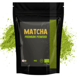  Premium organic matcha tea powder in 90g package. Vibrant green color, smooth texture, and rich flavor for a calming tea experience.