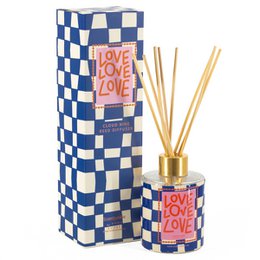  Fragrance diffuser sticks in a blue and white checkered pattern container with the text "Love Love Love" printed on it. The diffuser sticks are made of natural materials and come with a gold-colored metal base.