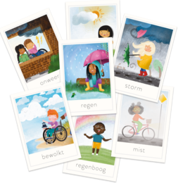 Colorful weather-themed cards with inclusive illustrations depicting diverse children in various outdoor scenes.