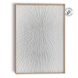 A large, framed abstract artwork featuring a white sunburst pattern against a white background. The artwork has a minimalist, modern design and would make an elegant addition to any living space.