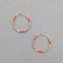 Pink orange beaded hoop earrings, Miyuki beads, gold silver metal, circular design, colorful gradient beads