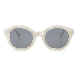 Oval-shaped white sunglasses with gray lenses.