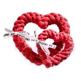 A red heart-shaped rope toy for dogs, measuring 15x15x3 cm. The toy is made of soft, plush material and features a decorative tag.
