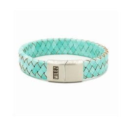 Turquoise leather men's bracelet with a woven design, available in sizes S, M, L, and XL.