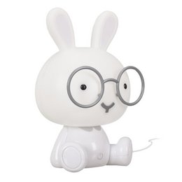 A white rabbit-shaped LED table lamp with large glasses, designed for use in a child's room.