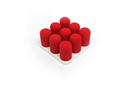 A set of 9 red, cylindrical objects arranged in a 3x3 grid pattern. The objects appear to be made of a soft, plush material, likely intended for use as a game or toy.