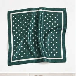 Satin look scarf with white polka dot print, available in green, navy, brown, and beige colors.