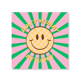  Pink green striped napkins with yellow smiley face, "Don't Worry" text, cheerful retro design, 33x33cm paper napkins.