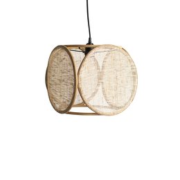 Natural hanging lamp for kids' room with a round, woven shade.