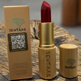  Deep burgundy red moisturizing lipstick, gold tube, natural wooden cap, mineral formula