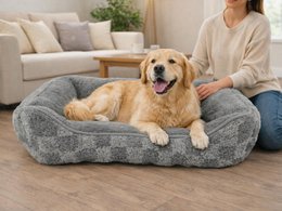 Grey and brown plaid dog bed, soft padded interior, non-slip base, cozy winter pet bed small medium dogs