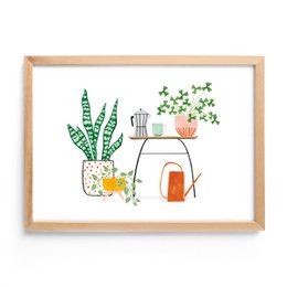 A4 Poster | Plants & Coffee - This poster features a whimsical illustration of potted plants, a coffee maker, and other plant-themed decor. The colors used are vibrant greens, oranges, and whites, creating a cheerful and natural aesthetic.