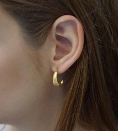 Delicate small sterling silver hoop earrings with a gold olive leaf design.
