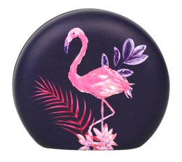 Elegant travel jewelry case with a pink flamingo design on a dark background, featuring tropical leaves and flowers. Ideal for storing and organizing jewelry while traveling.