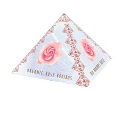 Organic rooibos and rose herbal tea infusion in a box of 50 tea bags.