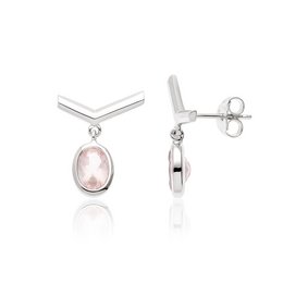 Silver stud earrings with a pink oval-shaped gemstone pendant. The earrings feature a simple, minimalist design that is suitable for everyday wear.