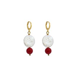  Coin freshwater pearl huggie earrings with red coral bead, drop earrings style, featuring white pearls and red coral beads.