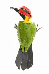  Metal green woodpecker bird feeder with vibrant colors and unique design.