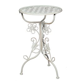 A round, white metal side table with a floral design and a 53 cm diameter. Suitable for decorative use in a variety of indoor and outdoor settings.