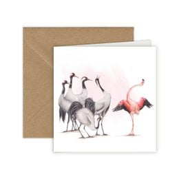 Greeting card featuring a colorful illustration of flamingos and cranes. The card is suitable for congratulations or other occasions.