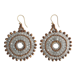  Transparent, round statement earrings with intricate beaded design in various colors.