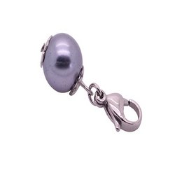 Silver-toned pendant with a large, round, lavender-colored pearl. The pendant features a lobster clasp closure for easy attachment to a necklace or bracelet.
