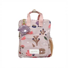 A small, pastel-colored backpack with a floral and seashell print design, suitable for children. The backpack features multiple compartments and a padded shoulder strap for comfortable carrying.