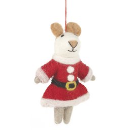  'Handmade felt biodegradable Christmas Mrs Santa Paws hanging decoration. Soft, plush white mouse figure wearing a red dress with gold accents. Hanging ornament with a red ribbon.'

The product is a handmade felt biodegradable Christmas ornament in the shape of a white mouse figure wearing a red dress with gold accents. It is a hanging decoration with a red ribbon. The ornament has a soft, plush texture and is suitable for Christmas tree decorations or other holiday displays.